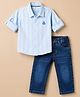 Simply Premium Cotton Woven Half Sleeves Striped Shirt & Denim Jeans - Sea Green