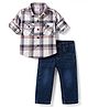 Simply Premium Cotton Woven Half Sleeves Checkered Shirt & Denim Jeans - Grey