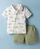 Child World Textile Woven Half Sleeves Shirt & Shorts Set With Train Print - Green