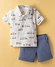 Child World Textile Woven Half Sleeves Shirt & Shorts Set With Train Print - Navy Blue