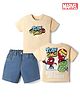 Bonfino Marvel Single Jersey Knit Half Sleeves T-Shirt & Denim Shorts Set with Front & Back Avengers Graphics- Cream