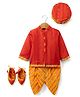 Exclusive from Jaipur Cotton Woven Full Sleeves Printed Dhoti & Kurta Set With Turban and Booties - Orange