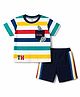 ToffyHouse Knitted Half Sleeves Striped T-Shirt & Shorts Set with Rocket Patch - Multicolour