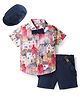 ToffyHouse Cotton Woven Half Sleeves Printed Shirt & Shorts with Bow Suspender & Cap - Navy Blue