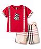 ToffyHouse Knitted Half Sleeves T-Shirt & Shorts Set with Bear Patch - Red