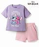 Bonfino DIsney Drop Shoulder Sleeves T-Shirt & Shorts With Lilo & Stitch Graphics - Multicolor