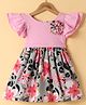 Rassha Cotton Woven Frill Sleeves One Piece Frock With Floral Print & Applique - Pink & Grey
