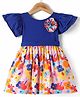 Rassha Cotton Woven Flutter Sleeves One Piece Dress With Floral Print & Applique - Royal Blue