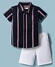 Babyhug 100% Cotton Woven Half Sleeves Striped Shirt & Shorts Set - Navy Blue & White