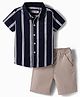Babyhug 100% Cotton Woven Half Sleeves Striped Shirt & Shorts Set - Navy Blue & Beige