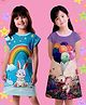 NUSYL Cotton Blend Knit Pack Of 2 Cap Sleeves Bunny & Elephant Printed Night Dresses - Lilac & Sky Blue