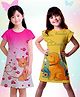 NUSYL Cotton Blend Knit Pack Of 2 Cap Sleeves Cat & Dog Printed Night Dresses - Yellow & Dark Pink
