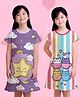 NUSYL Cotton Blend Knit Pack Of 2 Cap Sleeves Stars & Cats Printed Night Dresses - Lilac & Dark Pink