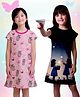 NUSYL Cotton Blend Knit Pack Of 2 Cap Sleeves Girls & Hearts Printed Night Dresses - Black & Dark Pink