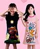 NUSYL Cotton Blend Knit Pack Of 2 Cap Sleeves Cats & Bear Printed Night Dresses - Black & Dark Pink
