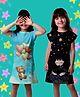 NUSYL Cotton Blend Knit Pack Of 2 Cap Sleeves Teddy & Girl Printed Night Dress - Black & Sky Blue