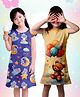 NUSYL Cotton Blend Knit Pack Of 2 Cap Sleeves Koala & Teddy Printed Night Dresses - Yellow & Lilac