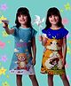 NUSYL Cotton Blend Knit Pack Of 2 Cap Sleeves Cat & Teddy Printed Night Dresses - Yellow & Sky Blue