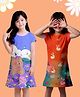 NUSYL Cotton Blend Knit Pack Of 2 Cap Sleeves Bunny & Teddy Printed Night Dresses - Orange & Lilac