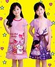 NUSYL Cotton Blend Knit Pack Of 2 Cap Sleeves Bunny Girl & Reindeer Printed Night Dresses - Lilac & Dark Pink