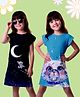 NUSYL Cotton Blend Knit Pack Of 2 Cap Sleeves Puppy & Cat Printed Night Dresses - Sky Blue & Black