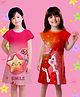 NUSYL Cotton Blend Knit Pack Of 2 Cap Sleeves Smile Text Star & Girl Printed Night Dresses - Dark Pink & Orange