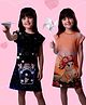 NUSYL Cotton Blend Knit Pack Of 2 Half Sleeves Bunny & Stars Printed Night Dress - Black & Orange