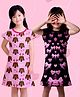 NUSYL Cotton Blend Knit Pack Of 2 Half Sleeves Dog Faces & Hearts Printed Night Dress - Black & Dark Pink