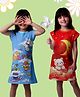 NUSYL Cotton Blend Knit Pack Of 2 Half Sleeves Dogs & Teddy Bear Printed Night Dress - Sky Blue & Orange