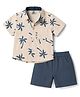 Mini Taurus Cotton Woven Half Sleeves Shirt & Shorts Set with Tree Print - Blue