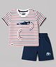 Mini Taurus Cotton Woven Half Sleeves Striped T-Shirt & Shorts Set with Car Print - Navy Blue