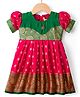 Bhartiya Paridhan Silk Woven Half Sleeves Ethnic Dress With Floral Print - Dark Pink & Green