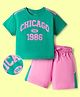 OLLINGTON ST. Sinker Knit Half Sleeves Top & Shorts Set With Chicago Print - Green & Pink