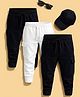 NUSYL Cotton Blend Knit Pack Of 3 Solid Cargo Styled Track Pants - White & Black