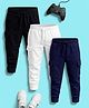 NUSYL Cotton Blend Knit Pack Of 3 Solid Cargo Styled Track Pants - White & Black