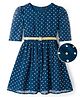 Hola Bonita Woven 3/4th Sleeves Polka Dots Foil Printed Fit & Flare Party Dress With Belt - Teal Blue
