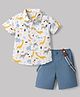 Babyhug Cotton Woven Half Sleeves Shirt & Shorts Set with Suspender & Jungle Theme Print - Blue & White