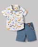 Babyhug Cotton Woven Half Sleeves Shirt & Shorts Set with Suspender & Jungle Theme Print - Blue & White
