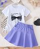 Mark & Mia Cotton Half Sleeves Top & Skirt Set With Bow Applique - White & Lilac