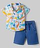 Babyhug Cotton Woven Half Sleeves Dino Printed Shirt & Denim Shorts Set - White