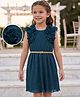 Hola Bonita Knit Sleeveless All Over Pleated Shimmer Party Dress with Ruffle Detailing & Belt - Teal Blue