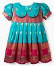 Bhartiya Paridhan Silk Woven Half Sleeves Flared Peter Pan Collared Ethnic Dress With Floral Foil Print -Dark Pink & Turquoise