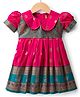 Bhartiya Paridhan Silk Woven Half Sleeves Flared Peter Pan Collared Ethnic Dress With Floral Foil Print - Dark Pink & Blue