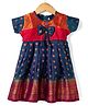 Bhartiya Paridhan Silk Woven Half Sleeves Ethnic Dress With Floral Embroidery & Bow Applique - Navy Blue