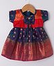 Bhartiya Paridhan Silk Woven Half Sleeves Ethnic Dress With Floral Embroidery & Bow Applique - Navy Blue