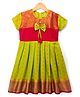 Bhartiya Paridhan Silk Woven Half sleeves Ethnic Dress With Floral Embroidery & Bow Applique - Lime Green