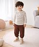 Mi Arcus Cotton Elastane Knit Full Sleeves Striped & Puppy Face Applique Detailed Tee & Pant Set - Cream & Brown