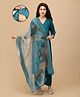 The Mom Store Silk Woven Three Fourth Sleeves Floral  Solid Maternity Kurti With Front Zipper Nursing Access With Pant & Dupatta Set - Teal