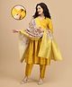 The Mom Store Silk Woven Three Fourth Sleeves Floral  Solid Maternity Kurti With Front Zipper Nursing Access With Pant & Dupatta Set - Yellow