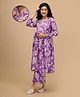 The Mom Store Cotton Woven Three Fourth Sleeves Floral Printed Maternity Kurti With Front Open Nursing Access & Pant Set - Purple